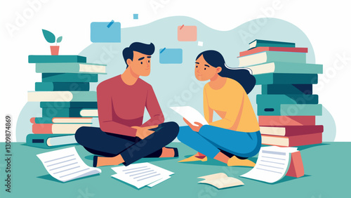 In their cramped apartment a couple sits surrounded by endless stacks of student loan papers anxiously discussing how they will manage to save for. Vector illustration