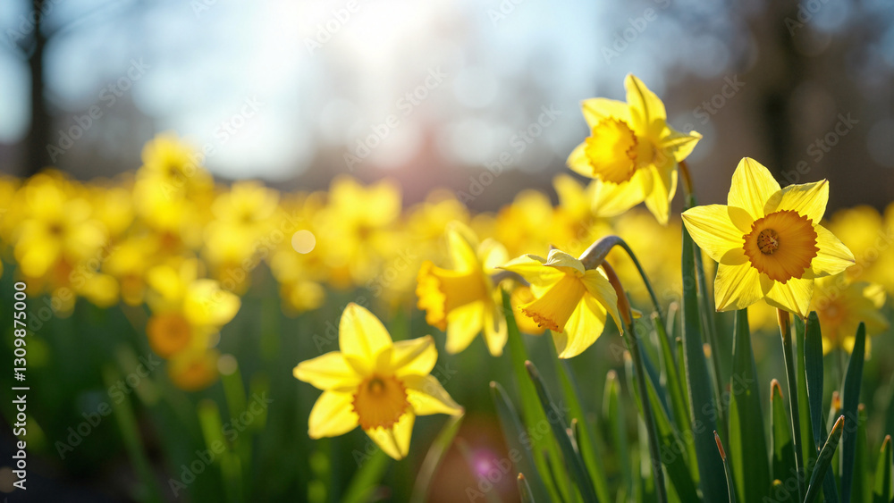 Sunlit Spring Daffodil Field: Vibrant Easter, Nature, and Seasonal Stock Photo for Brochures, Digital Campaigns, and Print Ads