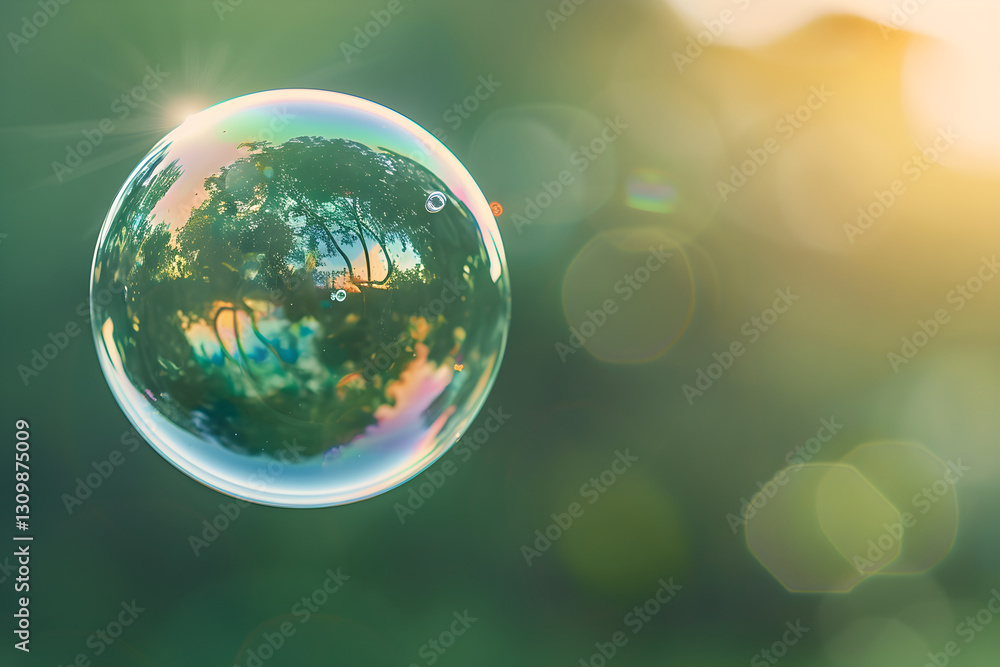 Ethereal Rainbow Sphere: A Fragile Soap Bubble in Sunlit Green Surroundings Ethereal Rainbow Sphere: A Fragile Soap Bubble in Sunlit Green Surroundings