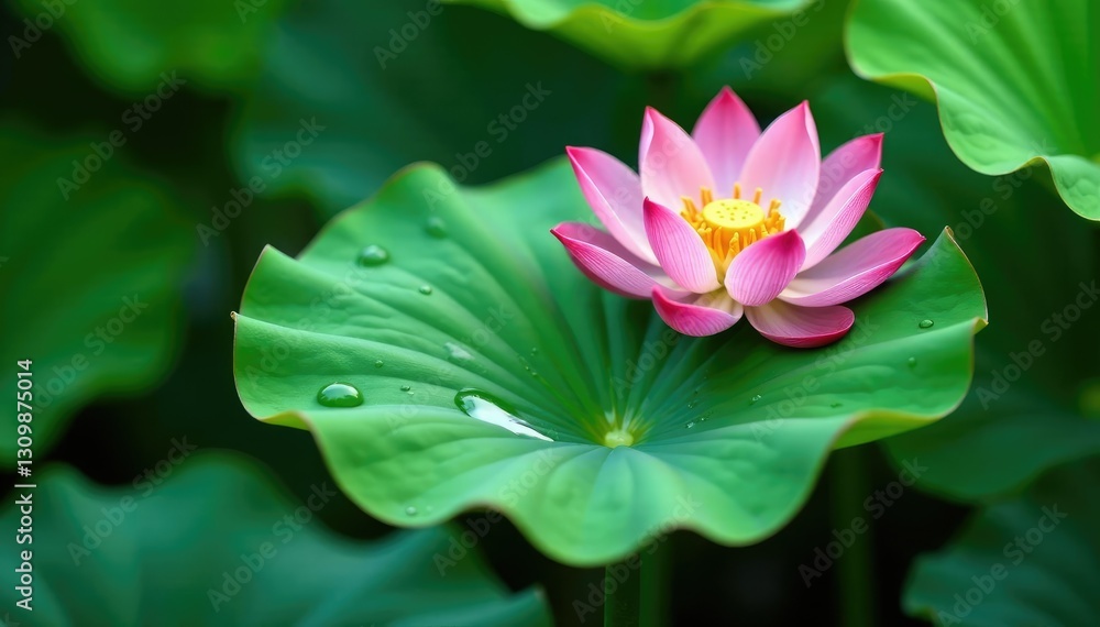 Droplets of water forming on the surface of a green lotus leaf, natural formation, fluid dynamics Droplets of water forming on the surface of a green lotus leaf, natural formation, fluid dynamics