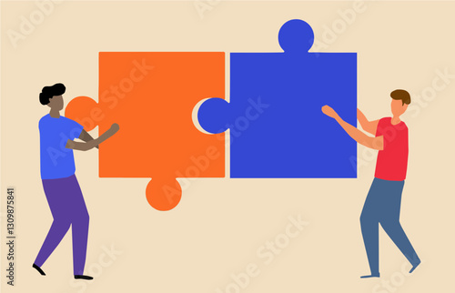 Two young men work together to put together two jigsaw puzzle pieces in an illustration about teamwork.