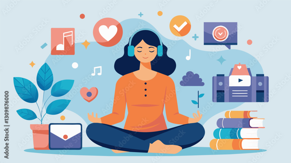 Fototapeta premium A woman sits in a quiet room listening to calming music as she creates a collage of positive words and images that inspire mindfulness.. Vector illustration
