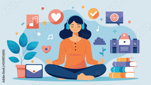 A woman sits in a quiet room listening to calming music as she creates a collage of positive words and images that inspire mindfulness.. Vector illustration