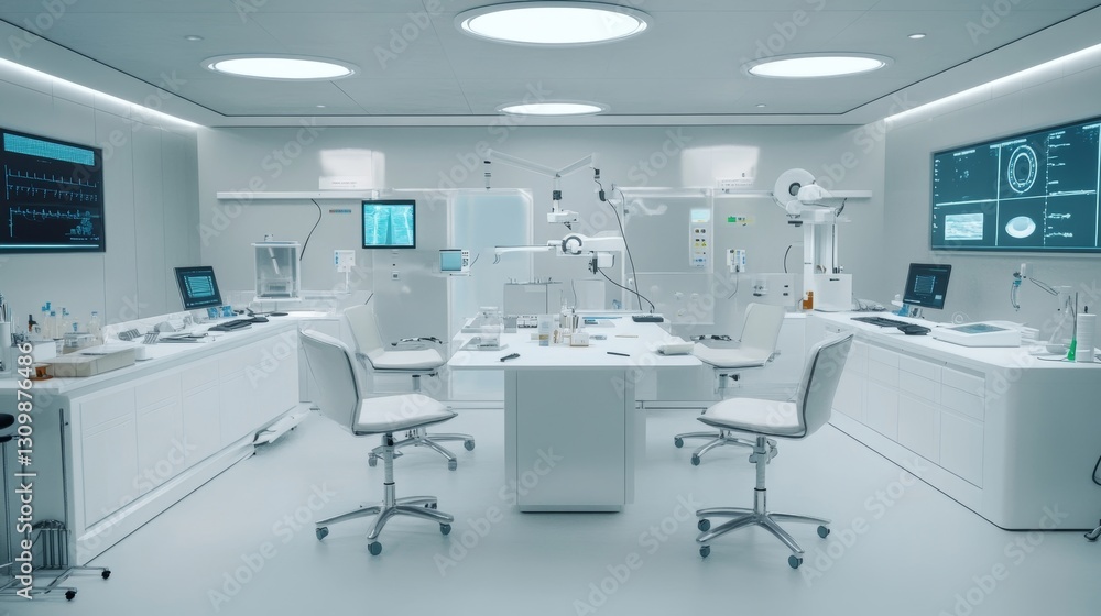 Bright white lab interior with equipment, monitors, chairs, tables. Clean background Bright white lab interior with equipment, monitors, chairs, tables. Clean background