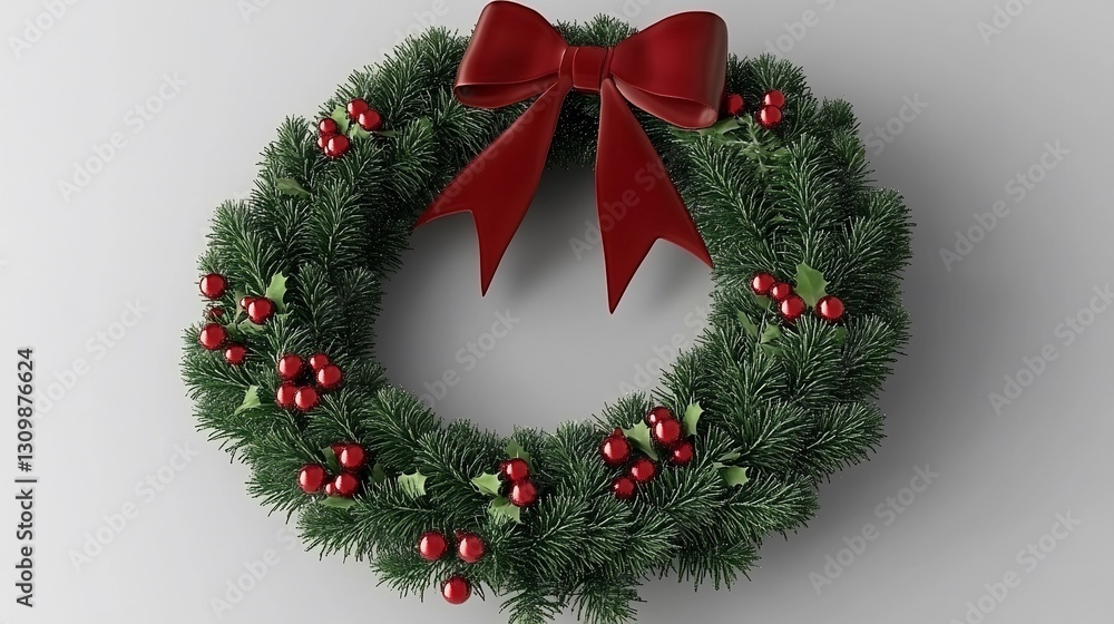 Red-bowed Christmas wreath, studio shot, white background, holiday decoration Red-bowed Christmas wreath, studio shot, white background, holiday decoration