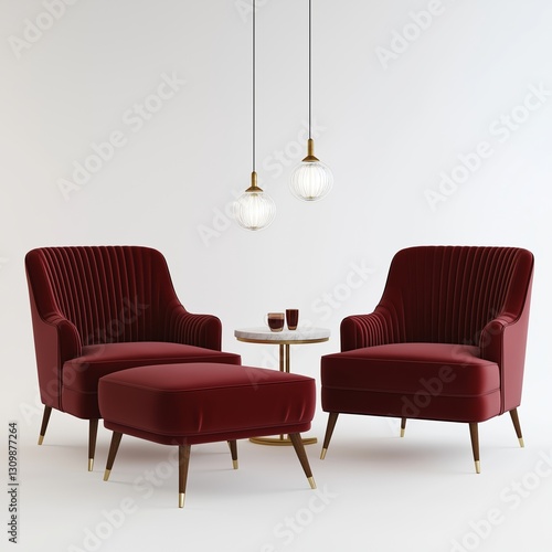 A pair of velvet lounge chairs in deep burgundy, styled with a matching ottoman and a marble side table , isolated on a white background