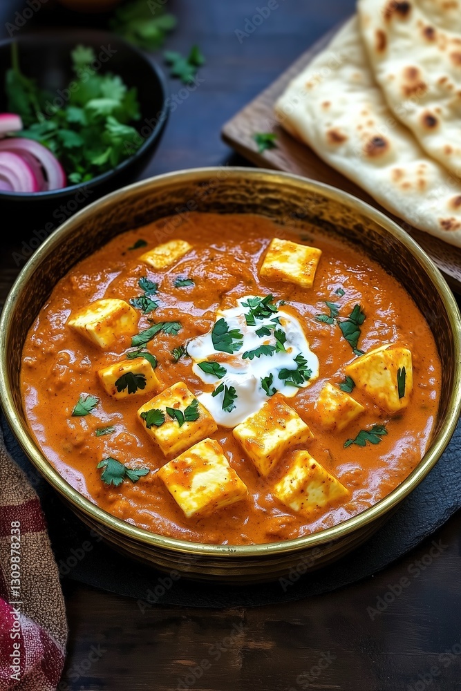 Paneer Butter Masala in Brass Bowl/ Kadhai with Butter Naan in Rustic Style Paneer Butter Masala in Brass Bowl/ Kadhai with Butter Naan in Rustic Style