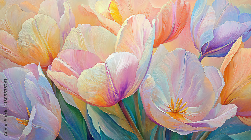 A field of vibrant tulips in a striking array of colors, seen from a detailed close-up perspective, emphasizing the petals' delicate textures and natural imperfections A field of vibrant tulips in a striking array of colors, seen from a detailed close-up perspective, emphasizing the petals' delicate textures and natural imperfections