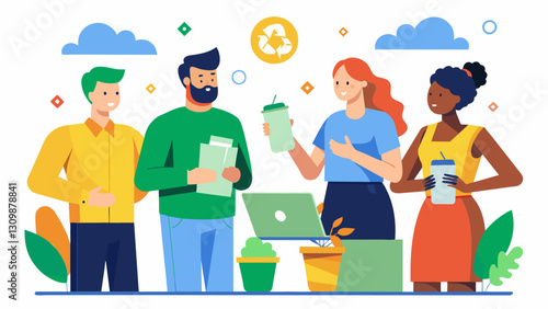 A group of designers discussing the environmental benefits of using upcycled materials in fashion and brainstorming new designs.. Vector illustration