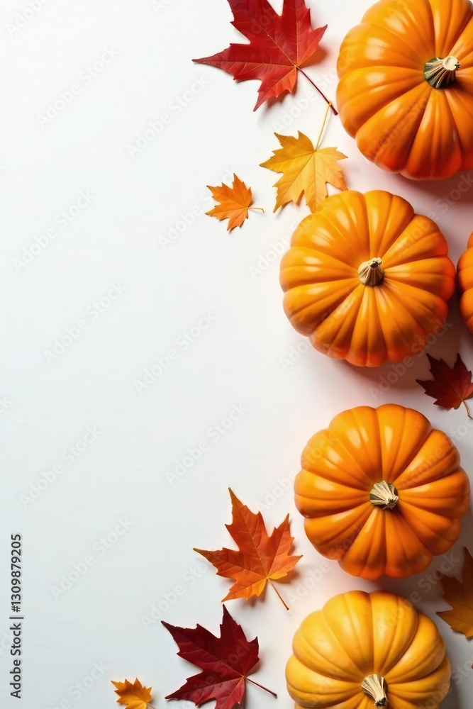 Pumpkins and autumn leaves scattered on a pristine white surface, autumn leaves, natural elements, fall decor Pumpkins and autumn leaves scattered on a pristine white surface, autumn leaves, natural elements, fall decor