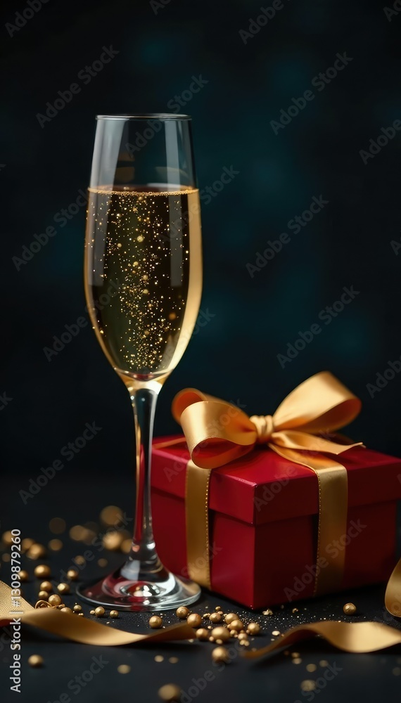 Dark luxury background with champagne glass, gift box and golden bow, christmas, box Dark luxury background with champagne glass, gift box and golden bow, christmas, box