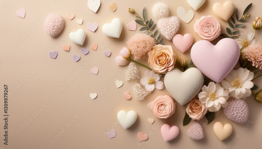 romantic pastel hearts and flowers arrangement on beige background romantic pastel hearts and flowers arrangement on beige background