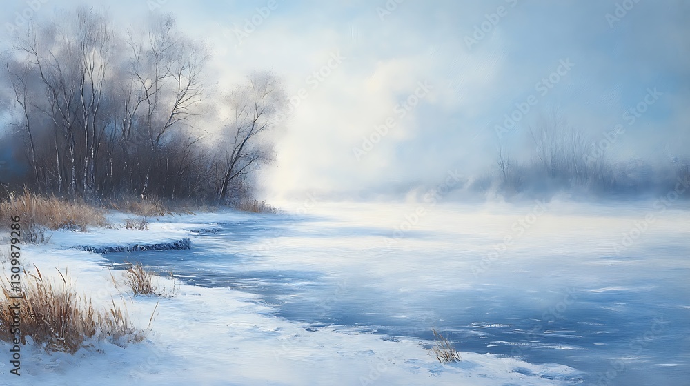 Serene winter landscape frozen river, snow-covered banks, leafless trees under a misty sky. Serene winter landscape frozen river, snow-covered banks, leafless trees under a misty sky.