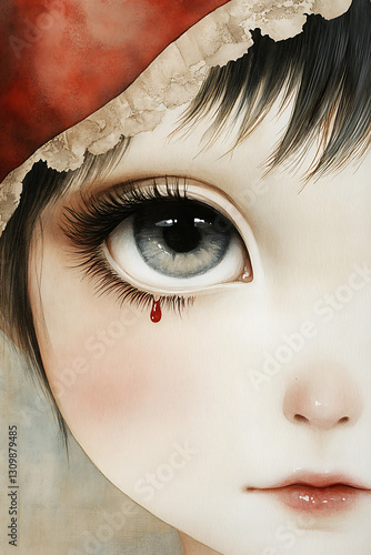 Doll's eye with blood tear, emotional mood, close-up, with red hat on faded background