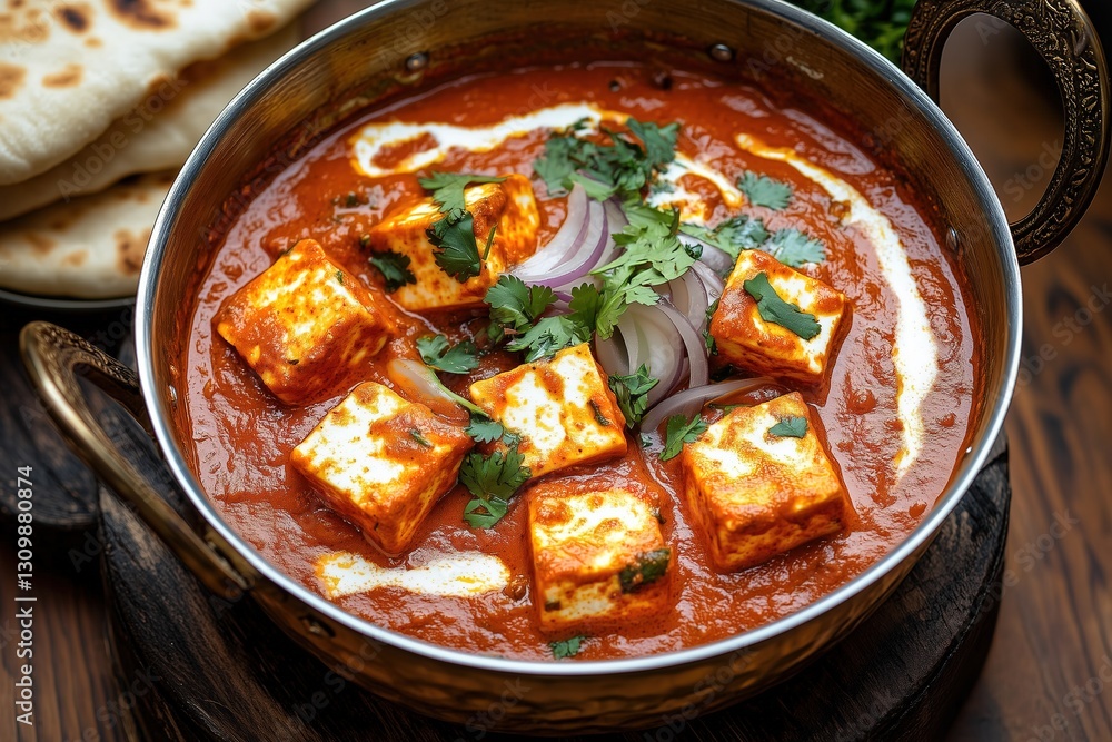 Paneer Butter Masala in Brass Bowl/ Kadhai with Butter Naan in Rustic Style Paneer Butter Masala in Brass Bowl/ Kadhai with Butter Naan in Rustic Style
