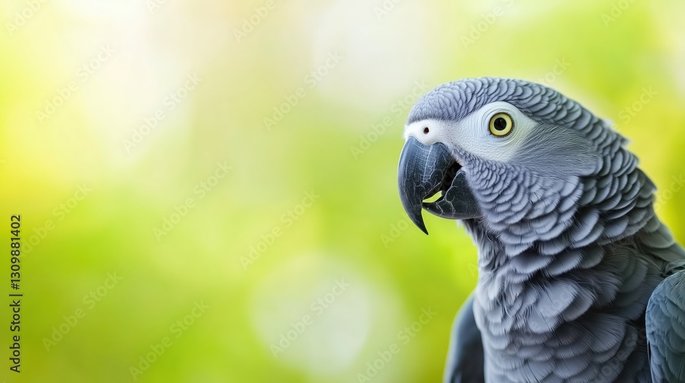 Fototapeta premium Grey parrot perched against a softly blurred green background while engaging with its environment
