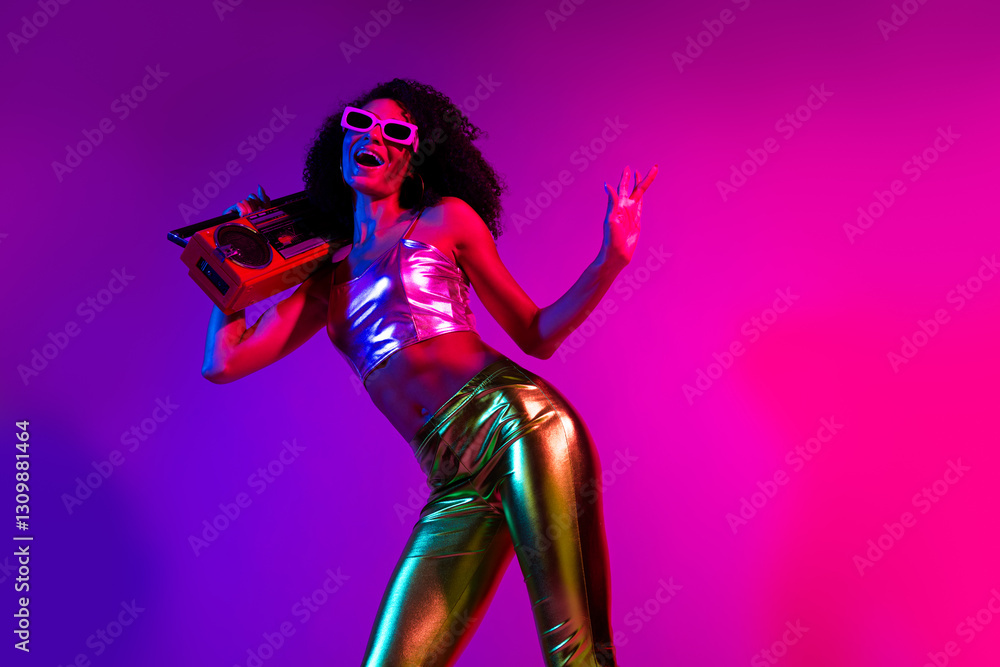 Stylish young woman celebrating with retro boombox and neon lights, showcasing confidence and energy in trendy Stylish young woman celebrating with retro boombox and neon lights, showcasing confidence and energy in trendy