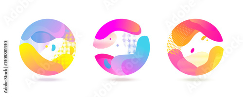 Abstract circles with halftone color gradient for round elements. Vector circle sphere with color gradient or liquid flow shapes 3D