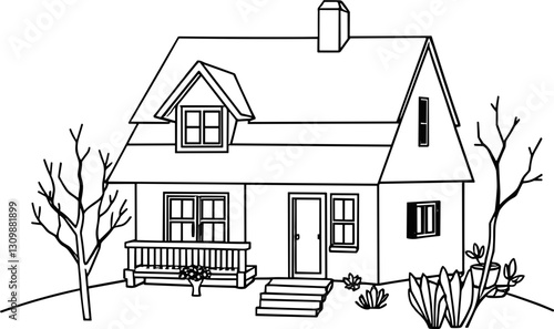 Black and white illustration of a cozy house with trees