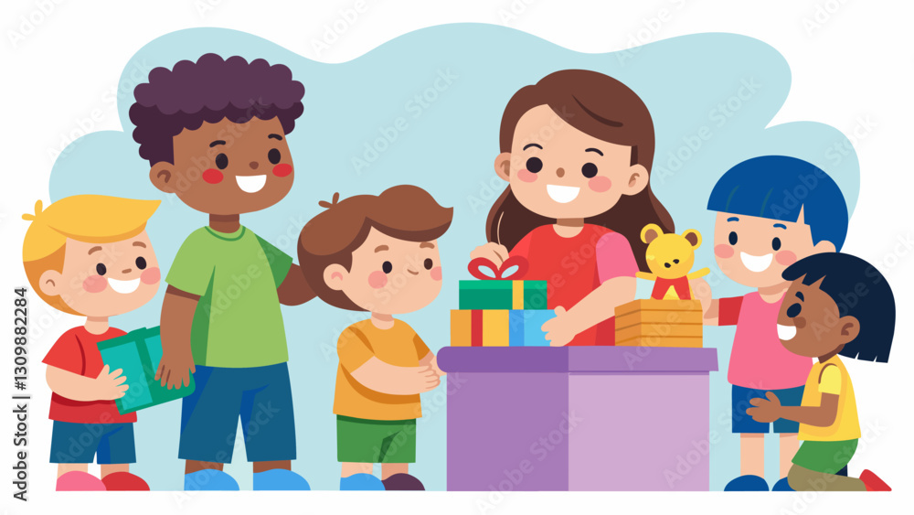 A group of young children lining up eagerly at the secondhand toy drive excited to pick out newtothem toys to play with.. Vector illustration A group of young children lining up eagerly at the secondhand toy drive excited to pick out newtothem toys to play with.. Vector illustration