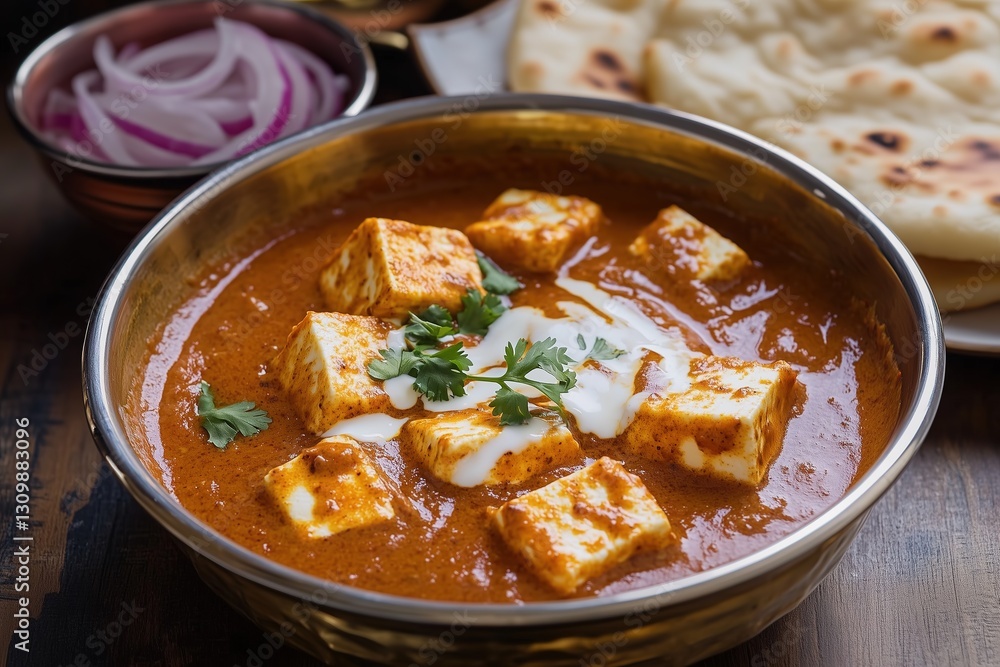 Paneer Butter Masala in Brass Bowl/ Kadhai with Butter Naan in Rustic Style Paneer Butter Masala in Brass Bowl/ Kadhai with Butter Naan in Rustic Style