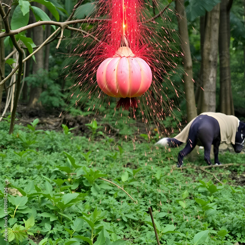Seekor lalat terbang bermata merah dan bersayap tipis hinggap di dahan pohon buah lengkeng. Jenis ini sering terlihat terbang di dapur dan tempat sampah.