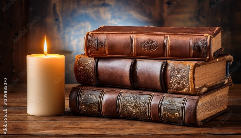 Naklejka premium old books and a candle