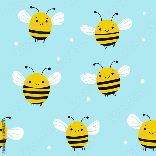 Cute smiling bees with white wings and pink cheeks on a light blue background in a seamless playful cartoon pattern