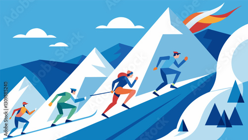 A blur of speed and athleticism as skiers zoom past towering snowcovered peaks each one battling for first place in the challenging race.. Vector illustration