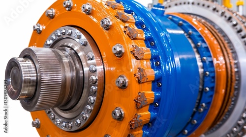 Close-Up View of Industrial Machinery Featuring Bright Orange and Blue Rotating Gears