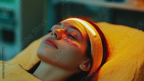 A young woman undergoes facial biotherapy in an aesthetic clinic.Concept of taking care of yourself.