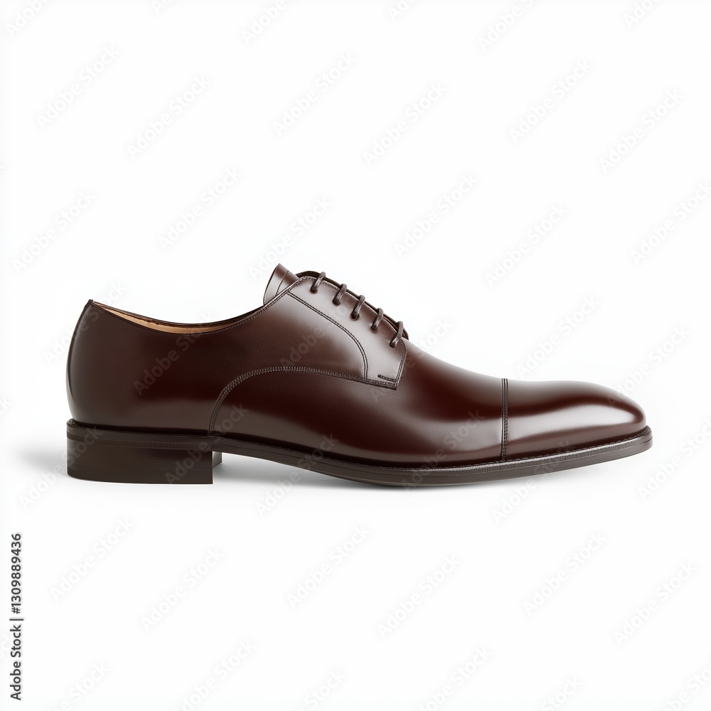 A sleek leather derby shoe with hand-stitched details and a deep oxblood finish, isolated on a white background A sleek leather derby shoe with hand-stitched details and a deep oxblood finish, isolated on a white background