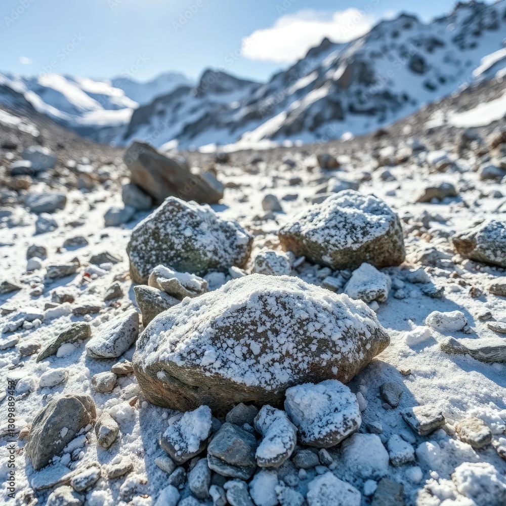 Crystalline powder dusts the rocks in a mountain landscape, frozen ground, rocky terrain Crystalline powder dusts the rocks in a mountain landscape, frozen ground, rocky terrain