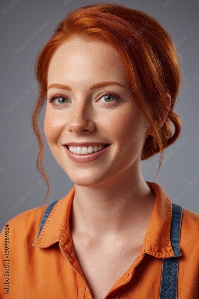 arafed woman with red hair and blue overalls smiling