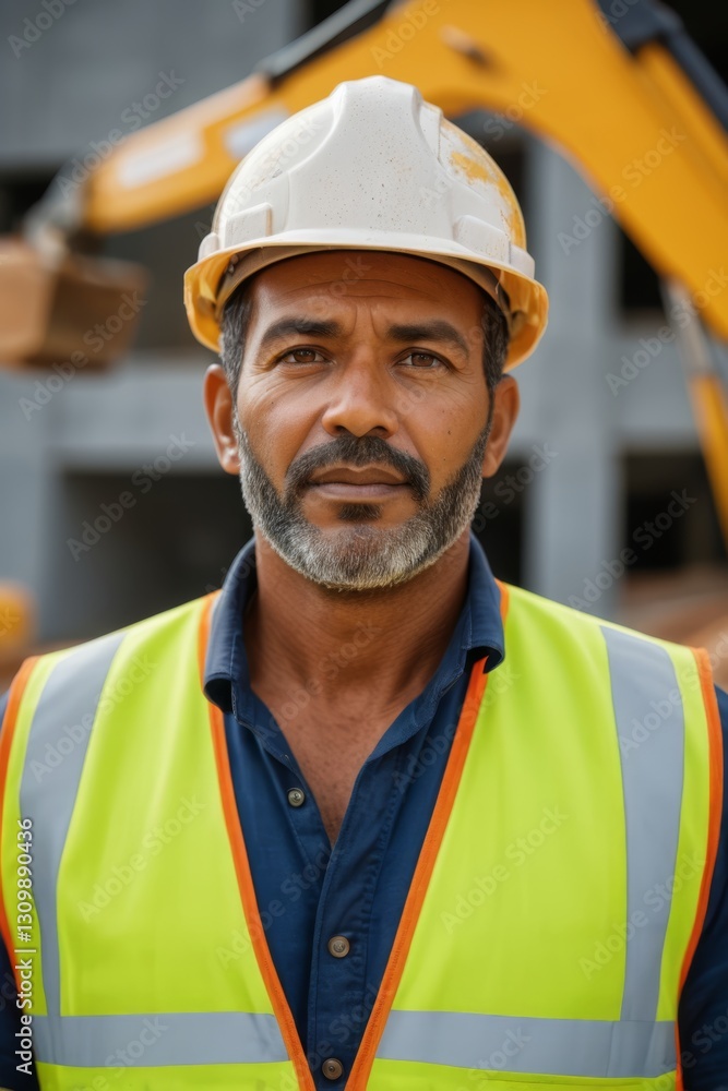 arafed construction worker in a hard hat and vest standing in front of a construction site arafed construction worker in a hard hat and vest standing in front of a construction site