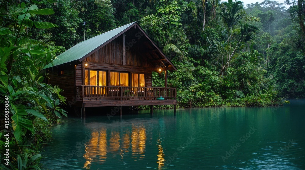 Fototapeta premium Serene Lakeside Cabin Surrounded by Lush Tropical Jungle Serenity