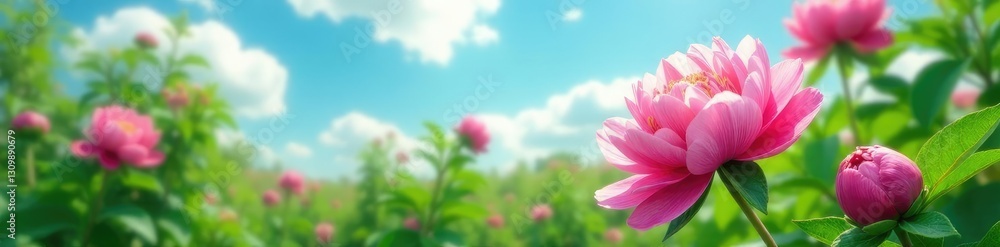 Obraz premium Peony blooms against bright green foliage and sky background, leafy greens, greenery, bloom
