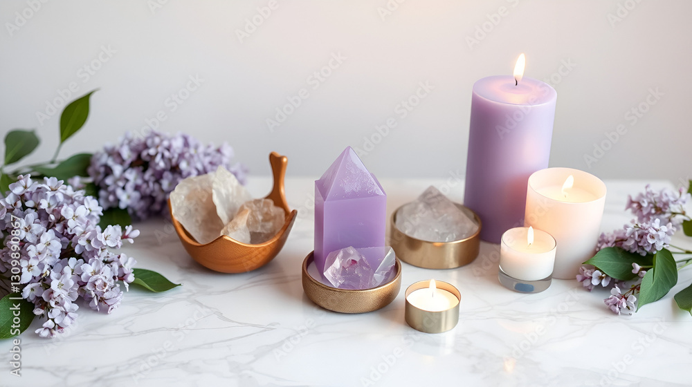 This tranquil setup features healing crystals and lilac candles on a marble table, complemented by lilac flowers, creating a perfect ambiance for meditation and spiritual rituals This tranquil setup features healing crystals and lilac candles on a marble table, complemented by lilac flowers, creating a perfect ambiance for meditation and spiritual rituals