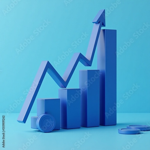 Blue money business graph finance chart diagram on economy 3d coin background with growth financial data concept or investment market profit bar and success market stock technology currency report.
