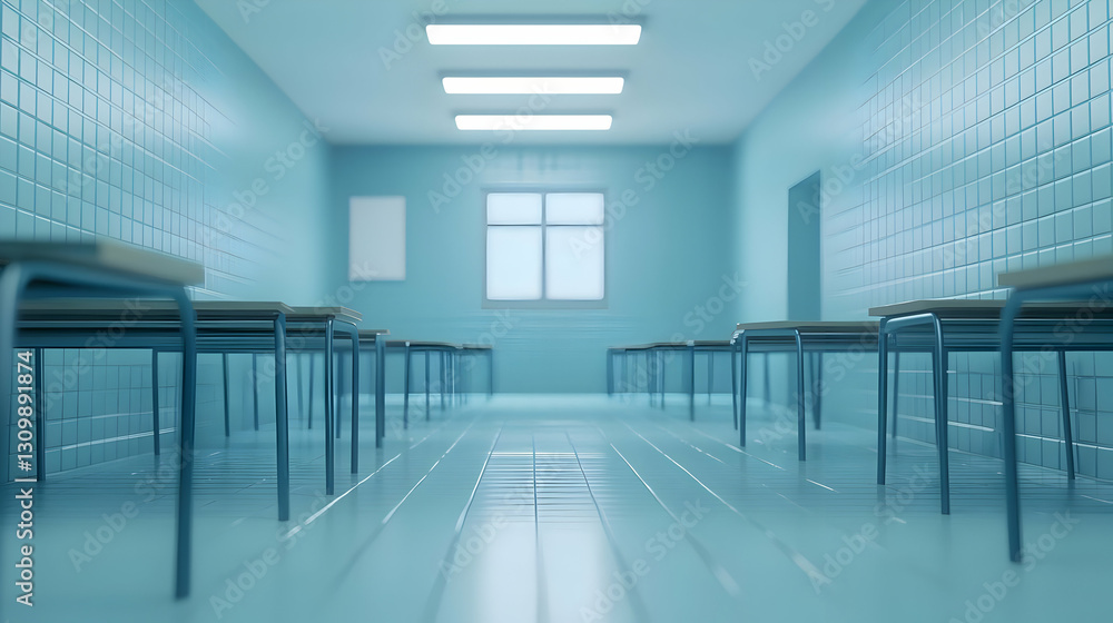 Fototapeta premium Bright and Clean Classroom Interior with Empty Desks and Chairs