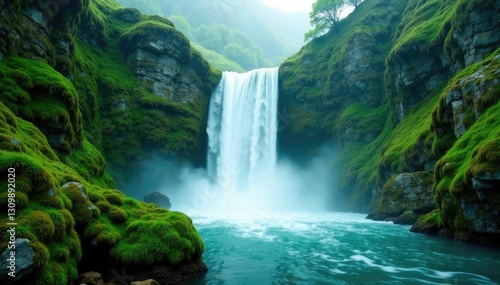 Emerald waters cascade over moss-covered rocks, mist, landscape, water