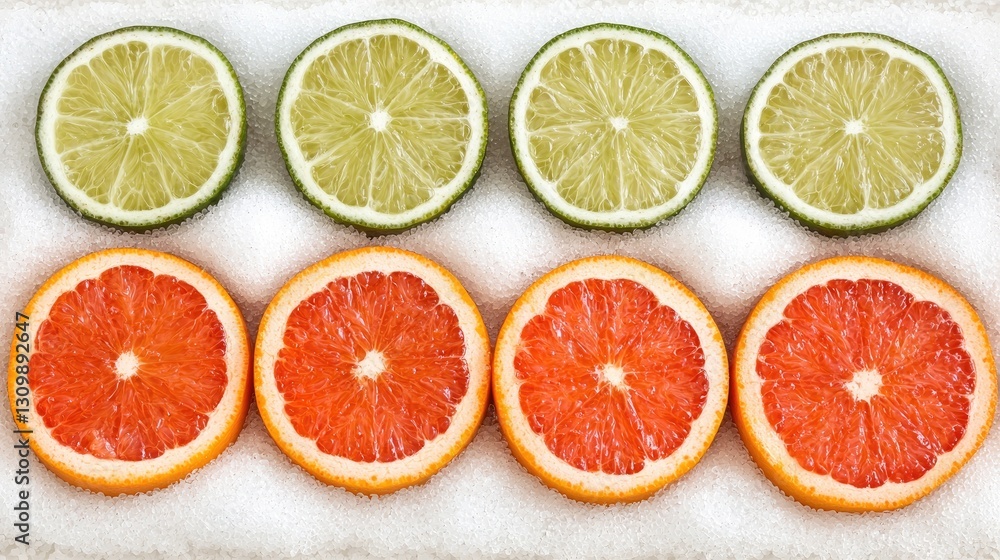 Fototapeta premium Citrus Slices on Sugar Limes & Grapefruit in a Row, Overhead Flat Lay Food Photography
