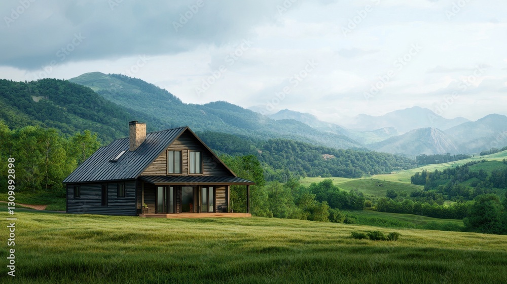 Serene Mountain Retreat Surrounded by Lush Green Landscape Serene Mountain Retreat Surrounded by Lush Green Landscape
