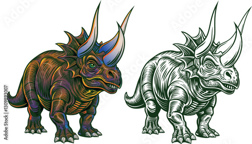 vector image of a large Pentaceratops in a graphic style, cartoon, lizard