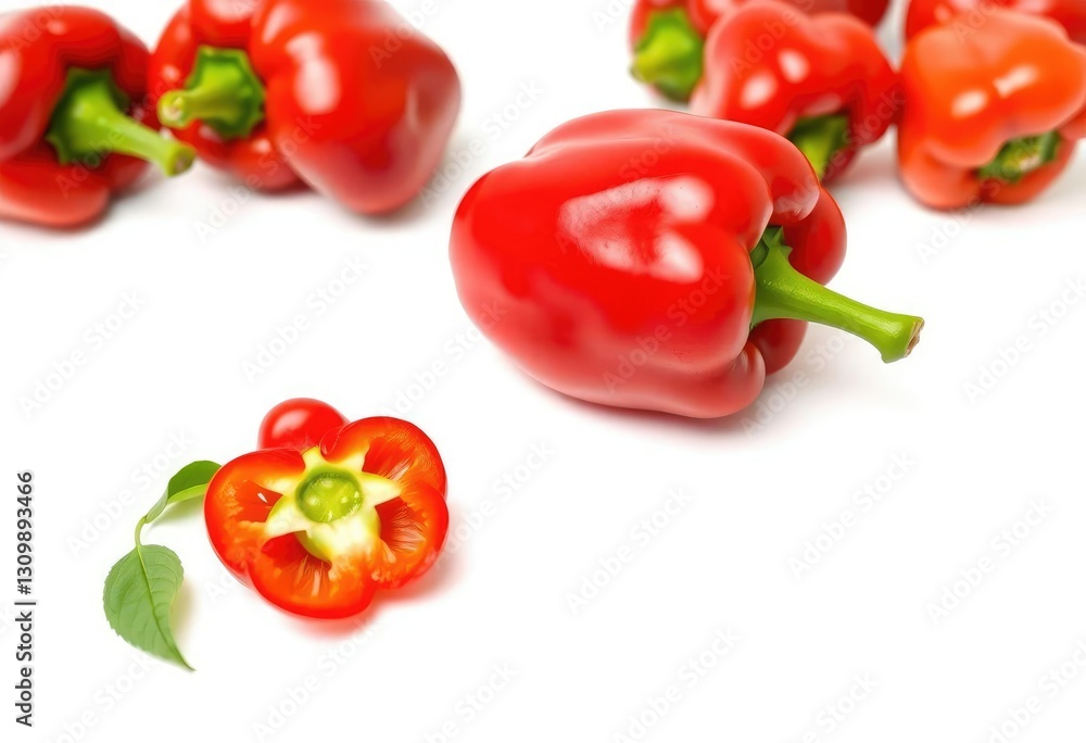 Single vibrant red bell pepper isolated on pure white background, closeup, vibrant Single vibrant red bell pepper isolated on pure white background, closeup, vibrant