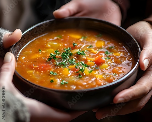 Diverse Hands Passing a Bowl of Nutritious Soup, Symbolizing Community and Healthy Living