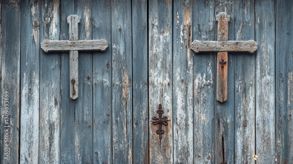 Aged wooden doors with crosses