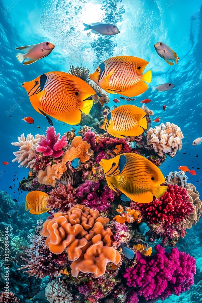 Vibrant Coral Reef Ecosystem with Butterflyfish and Abundant Marine Life Vibrant Coral Reef Ecosystem with Butterflyfish and Abundant Marine Life