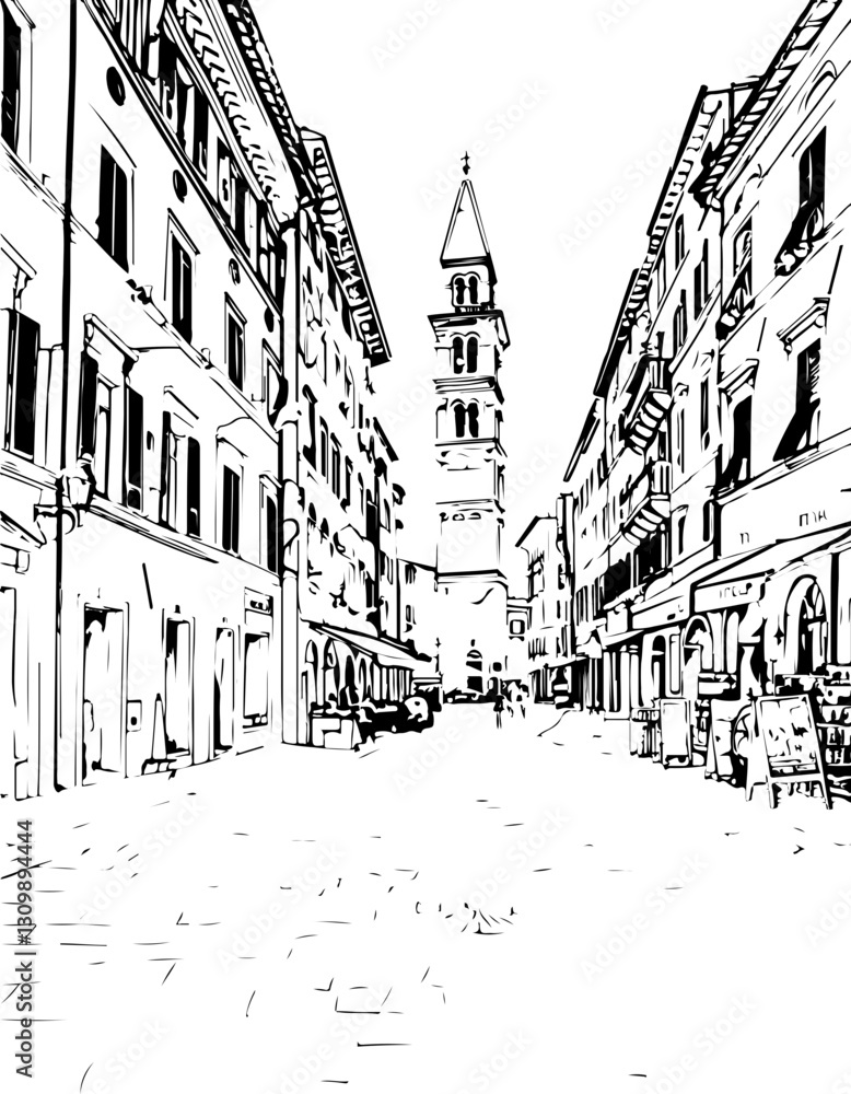 Obraz premium church, architecture, cathedral, building, coloring page, drawing, city, europe, sketch, paris, gothic, travel, vector, illustration, old, florence, italy, art, tower, town, landmark, street, religio