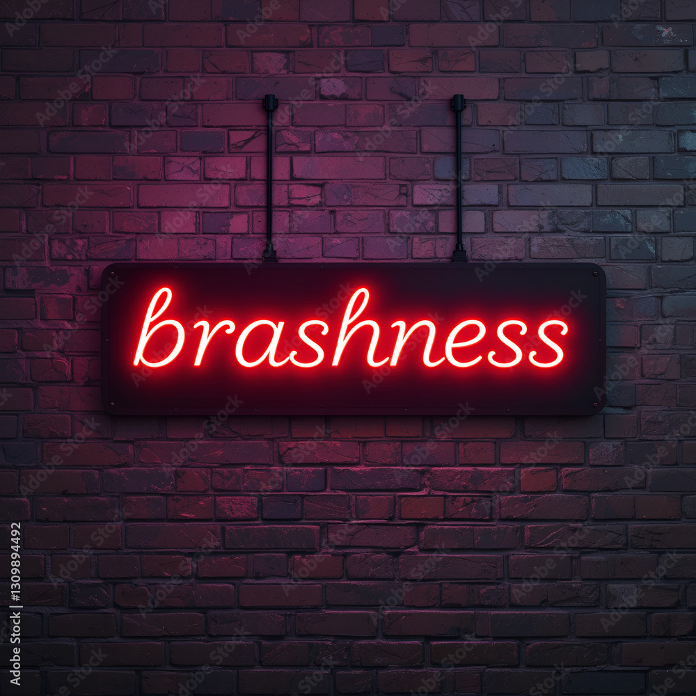 Fototapeta premium Night view of neon sign on brick wall with inscription brashness